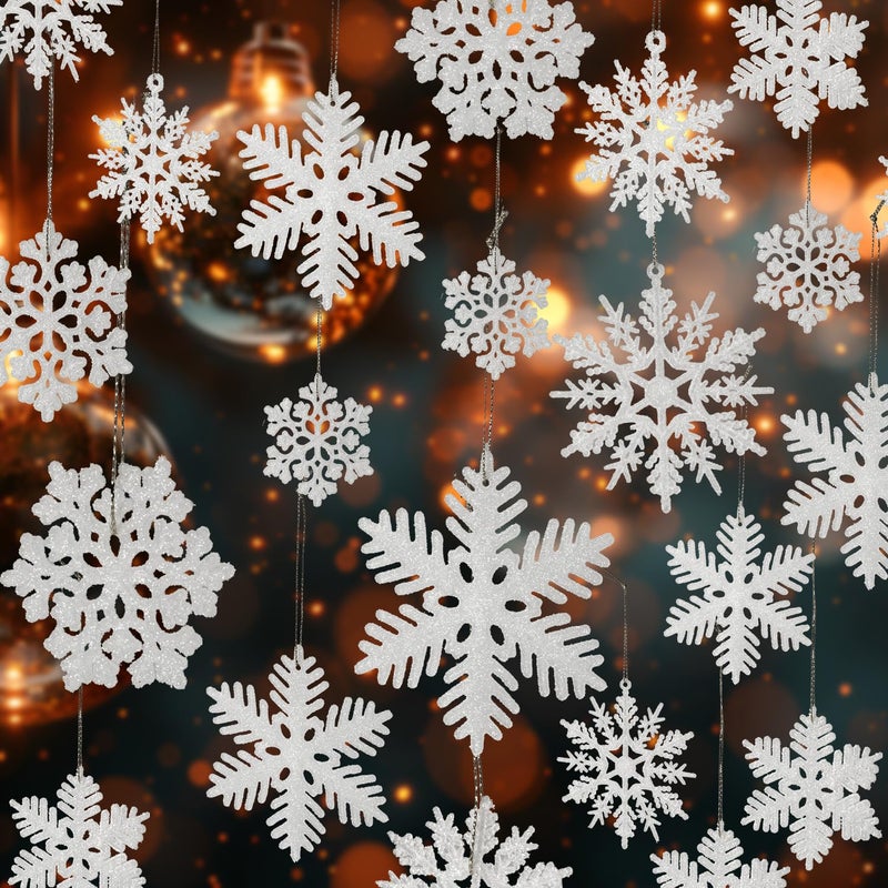 Fessary 48pcs White Plastic Snowflake Decorations Christmas Tree Ornaments Glitter Snow Flakes Ornaments Christmas Indoor Winter Wonderland Decor?3 Sizes? 3Styles - Image 1